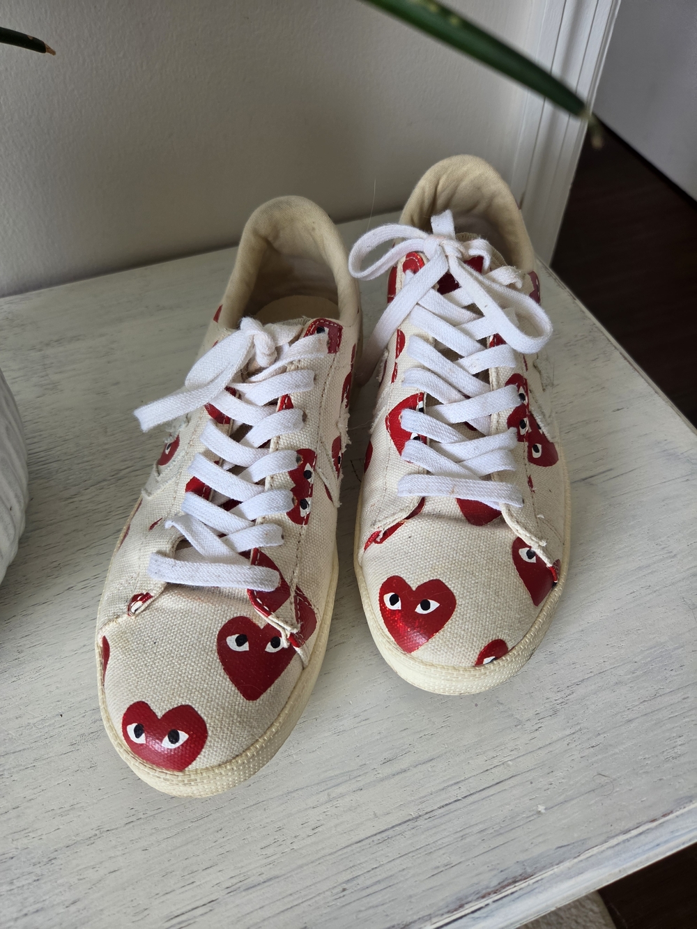 Comme des Garcons PLAY Cream Canvas Sneakers with Red Heart